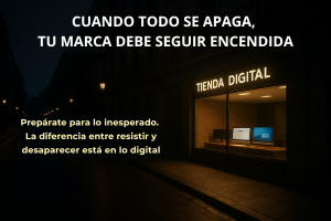 Tienda digital iluminada en una ciudad oscura, símbolo de resiliencia y diferenciación empresarial