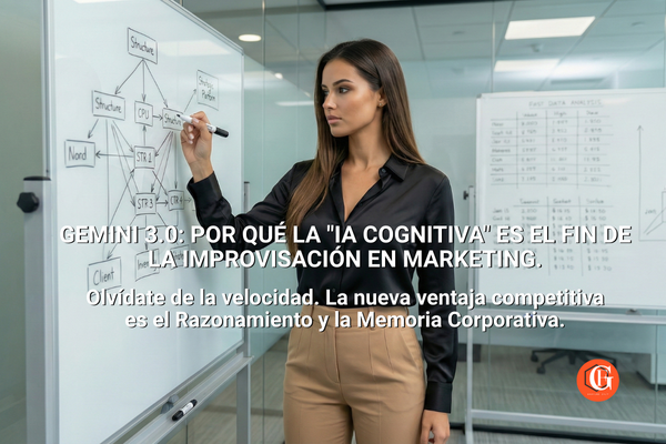 Consultora de estrategia digital diseñando un flujo de trabajo con IA Cognitiva en una pizarra de cristal. Portada del artículo sobre Gemini 3.0 y el fin de la improvisación en marketing