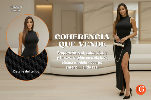 Modelo a cuerpo entero con vestido negro en interior minimalista; se muestra retrato y detalle del tejido en círculos superpuestos.