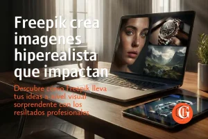 Portátil mostrando ejemplos de imágenes hiperrealistas creadas con la IA de Freepik Studio en un escritorio.