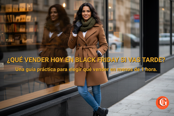 Guía de emergencia sobre qué vender en Black Friday si vas tarde, ilustrada con una mujer elegante en una tienda.