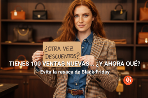 Mujer con cartel "¿Otra vez descuentos?" ilustrando la fatiga de ofertas y la necesidad de una estrategia de retención post Black Friday.
