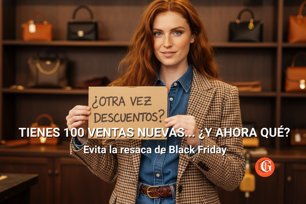Mujer con cartel "¿Otra vez descuentos?" ilustrando la fatiga de ofertas y la necesidad de una estrategia de retención post Black Friday.