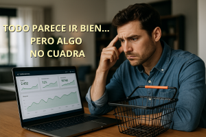 Hombre preocupado mirando métricas digitales positivas con una cesta de compra vacía frente al ordenador.