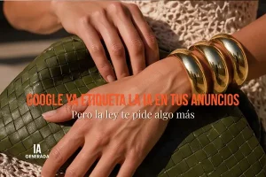 Prueba de imprenta de un anuncio de moda con una etiqueta de papel kraft marcada IA, simbolizando el etiquetado de contenido generado por inteligencia artificial en campañas publicitarias.