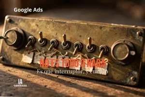 Panel de control antiguo de latón con interruptores de palanca y diales etiquetados a mano, simbolizando el control real que conserva el anunciante sobre AI Max y Performance Max en Google Ads.