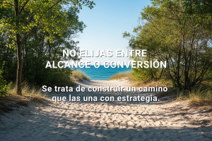 Camino en la playa con mensaje sobre estrategia de marketing digital: no elegir entre alcance y conversión