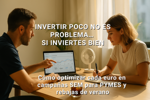 Dos personas analizando campañas SEM en un portátil para optimizar el presupuesto en rebajas de verano