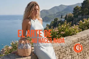 Modelo virtual en la costa mediterránea luciendo un bolso de raffia, demostrando el nivel de texturas de la producción de vídeo con IA por Grafeno 24/7.