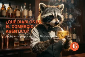 Metáfora visual del Comercio Agéntico: Un agente de IA autónomo realizando compras por el usuario sin pasar por la web del cliente en 2026.