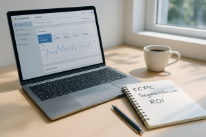 nterfaz de Google Ads y libreta con tCPC, segmentación y ROI, representando nuevas estrategias para pymes en verano 2025.
