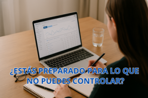 Mujer trabajando en ordenador portátil con libreta y gafas, con el texto “¿Estás preparado para lo que no puedes controlar?”